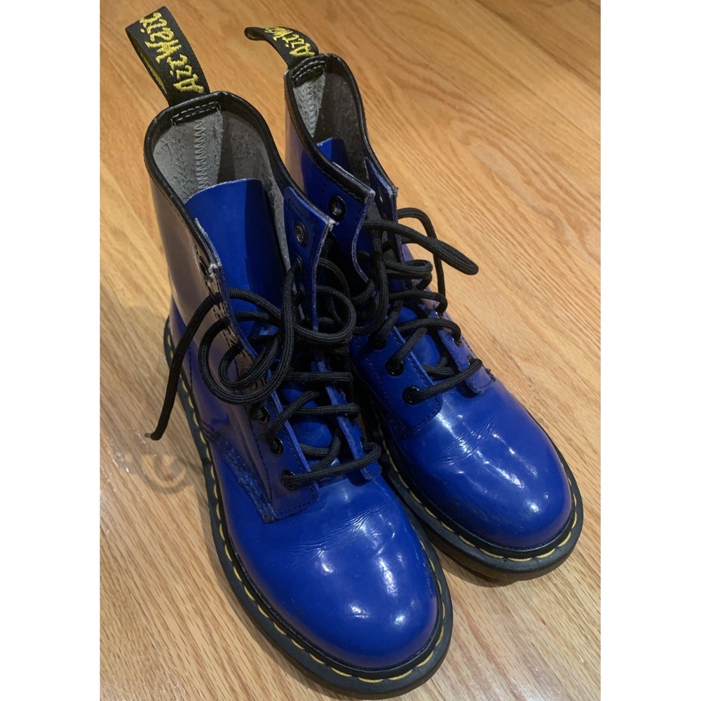 Dr. Martens Women's 1460W Patent Leather Lace Up Boots Blue‎ Combat Style Size 6